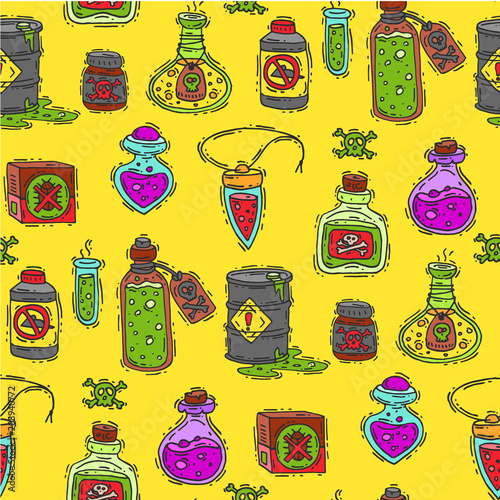 Bottle with potion game magic glass elixir poisoning toxic substance dangerous toxin drug container seamless pattern background vector illustration