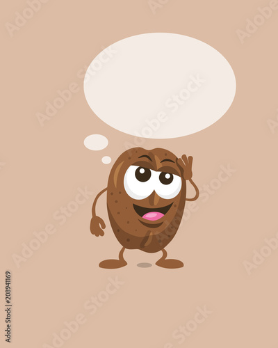 Illustration of cute happy coffe bean mascot dreams about something with thought bubble and big smile isolated on light background. Flat design style for your mascot branding.