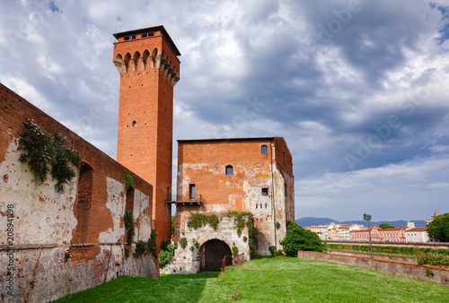 Cittadella vecchia citadel tower and arsenal on Arno River embankment Pisa Tuscany Italy