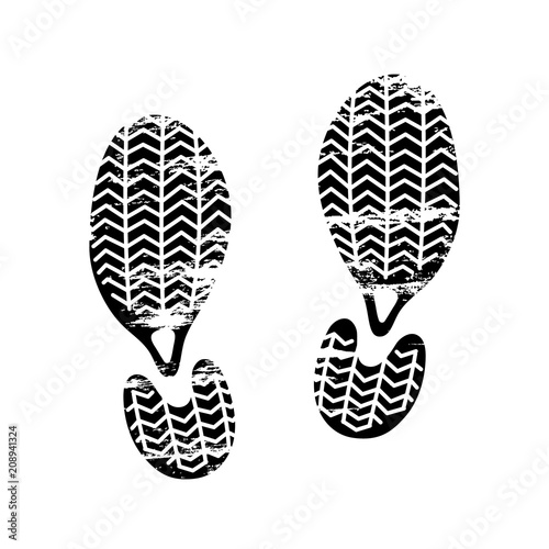 Footprints and shoeprints icon in black and white showing bare feet and the imprint of the soles with patterns of male and female footwear. Shoes boots imprint