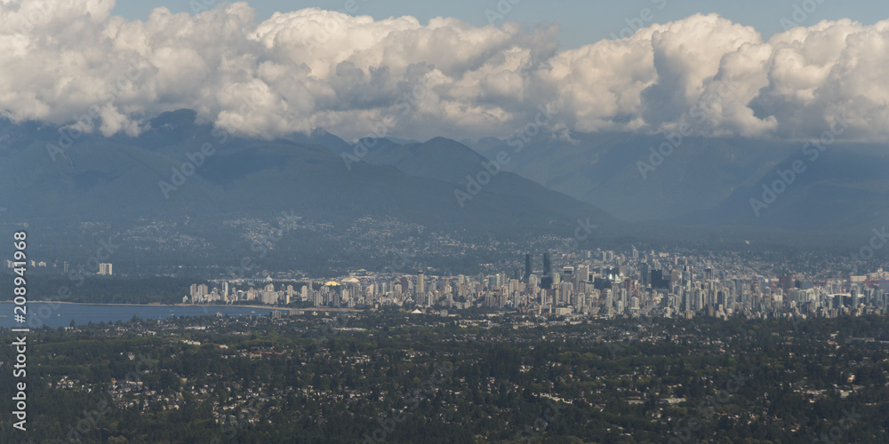 Aerial view of Vancouver with mountain range in the background, Vancouver Island, British Columbia, Canada