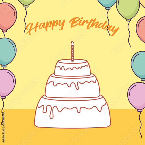 birthday card with cake and balloons vector illustration design