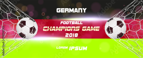 Soccer or Football wide Banner With 3d Ball on germany flag background background. Germany football game match goal moment with realistic ball in the net and place for text