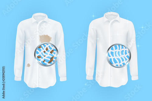  white shirt with dirty brown spots and clean on blue background