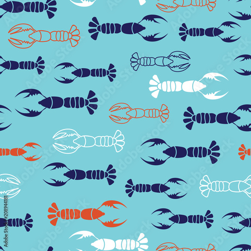 Navy, orange, white lobster marine design with blue background. Seamless vector repeat pattern.
