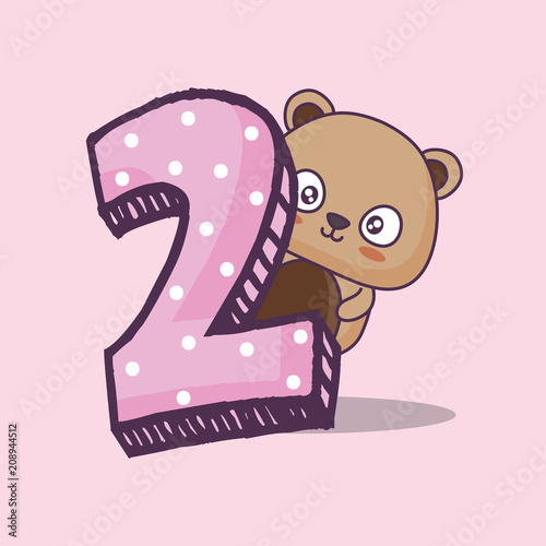 cute bear with number two kawaii character vector illustration design