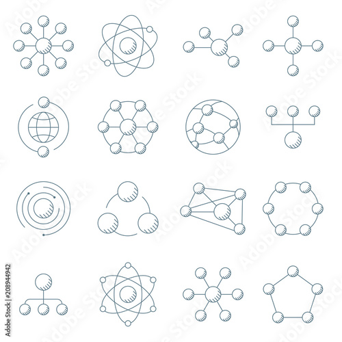 Molecule model line set. Structure of molecules in chemistry, science, educational, network, social media. Molecule icon outline art illustration isolated on white background.