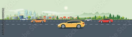 Fototapeta Naklejka Na Ścianę i Meble -  Flat vector cartoon style illustration of urban landscape street with cars, skyline city office buildings, family houses in small town and mountain with green trees in backround. Traffic on the road. 