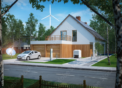 home electric car charging with green solar power and wind power turbine in the background