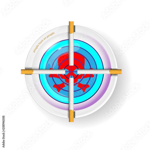 Ashtray with four cigarettes, a symbol of nicotine addiction. Target on skull Icon, Logo Design Element photo-realistic vector illustration. With drop shadows for any background. Stop smoking concept