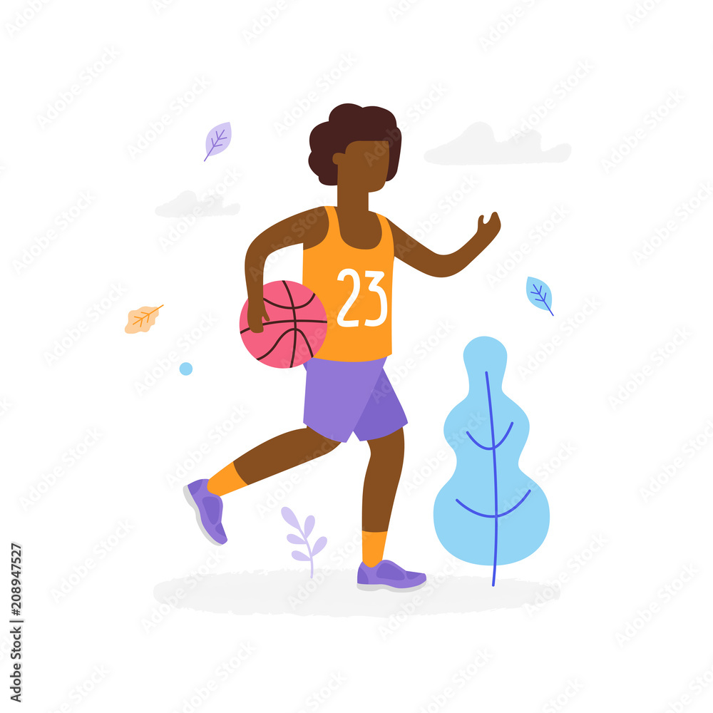 Happy Afro-American boy running and playing basketball outdoors in the park isolated on white background. Children activity concept, summer flat illustration with tree, clouds and leaves around