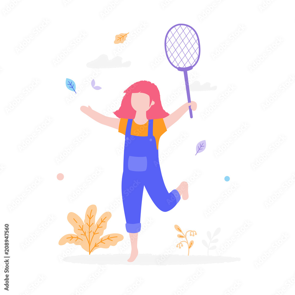 Cute girl playing badminton outdoors in the park isolated on white background. Children activity concept, summer flat illustration with bush, grass and leaves around