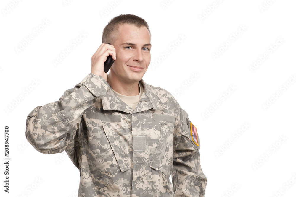 Happy Army Soldier on Cell Phone Happy Army Soldier on Cell Phone