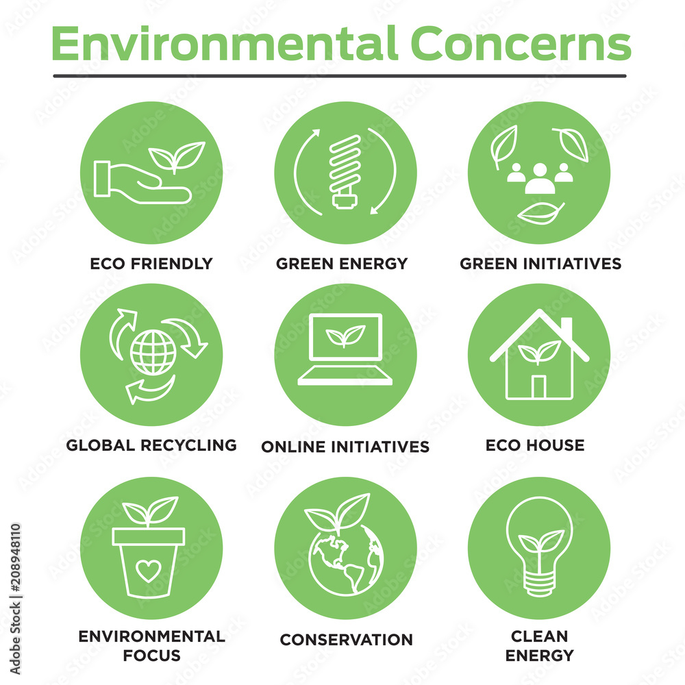 Environmental concerns icon set with lightbulb, hand holding leaf, recycling, etc Environmental concerns icon set with lightbulb, hand holding leaf, recycling, etc