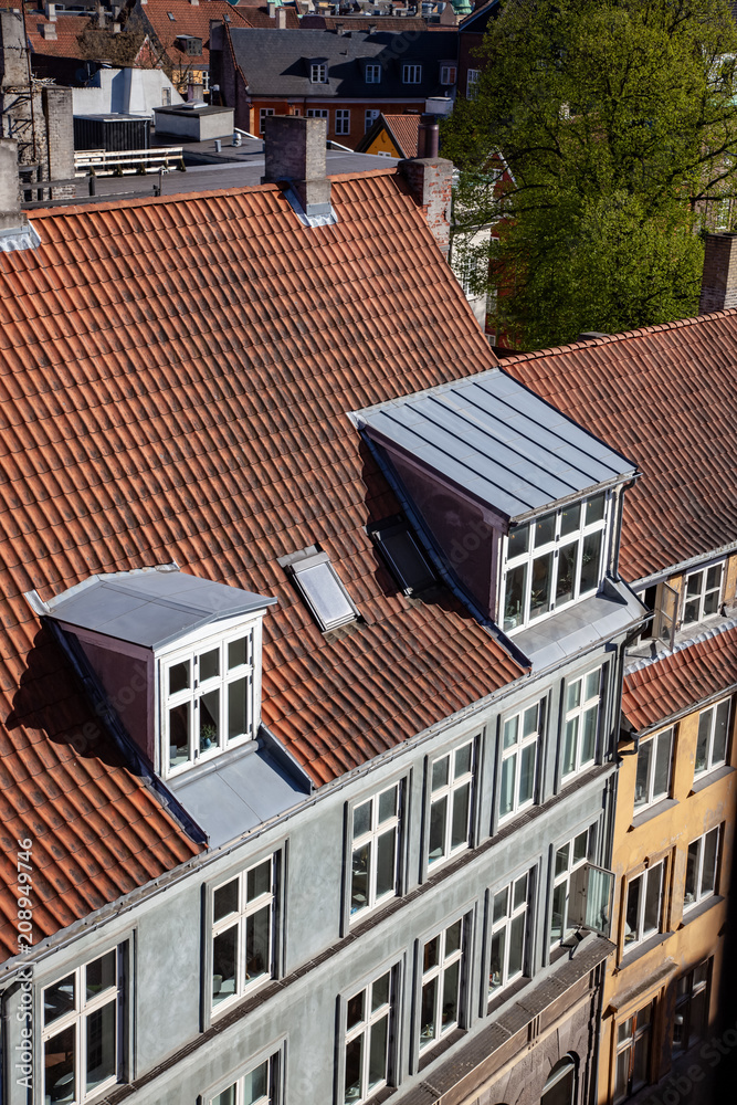 aerial view of building with windows on rooftop, green tree and houses in copenhagen, denmark
