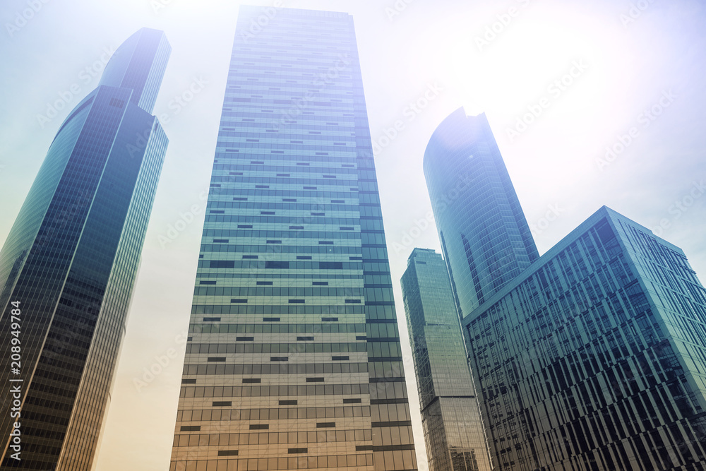 Moscow - city Business center buildings. double exposure Background for Business and finance concept