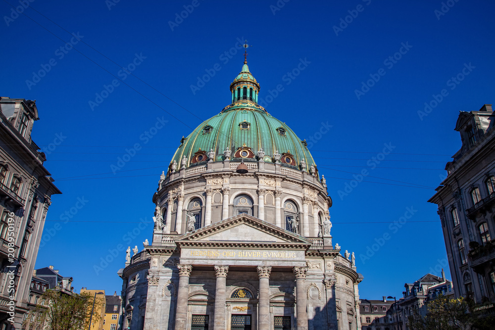 low angle view of beautiful famous Frederiks Church in Copenhagen, Denmark