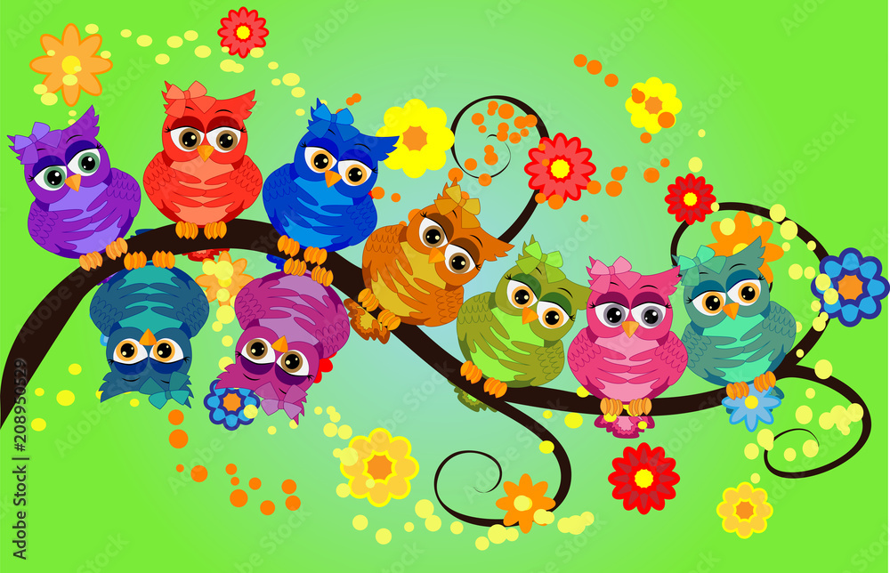 Four couples of owls sitting on branches. Nice elements for scrapbook, greeting cards, invitations, Valentine's cards etc. Four couples of owls sitting on branches. Nice elements for scrapbook, greeting cards, invitations, Valentine's cards etc.