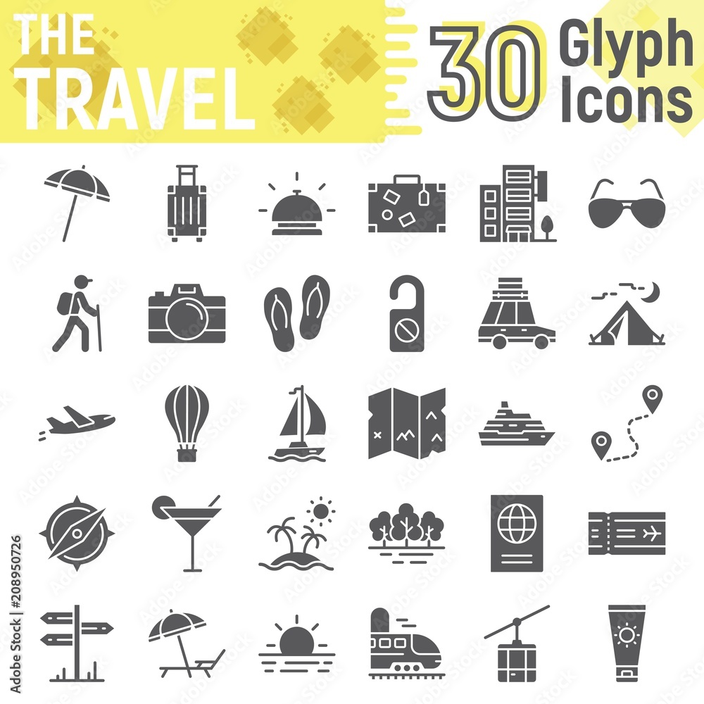 Travel glyph icon set, tourism symbols collection, vector sketches, logo illustrations, holiday signs solid pictograms package isolated on white background, eps 10.