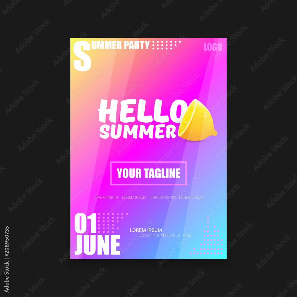 Vector Hello Summer Beach Party vertical A4 poster Design template or mock up with fresh lemon on pink and purple modern style gradient background. Hello summer concept label or flyer