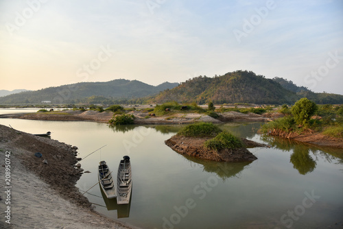 Morning Mekong River Thailand With a fishing boat photo