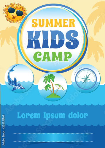 Summer Camp Template, Sea Holiday Flyer, travel vector banner, summer vacation design