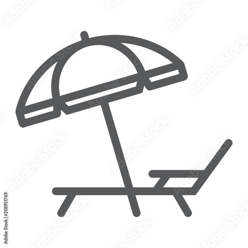 Umbrella and sun lounge line icon, travel and tourism, deck with sun umbrella sign vector graphics, a linear pattern on a white background, eps 10.