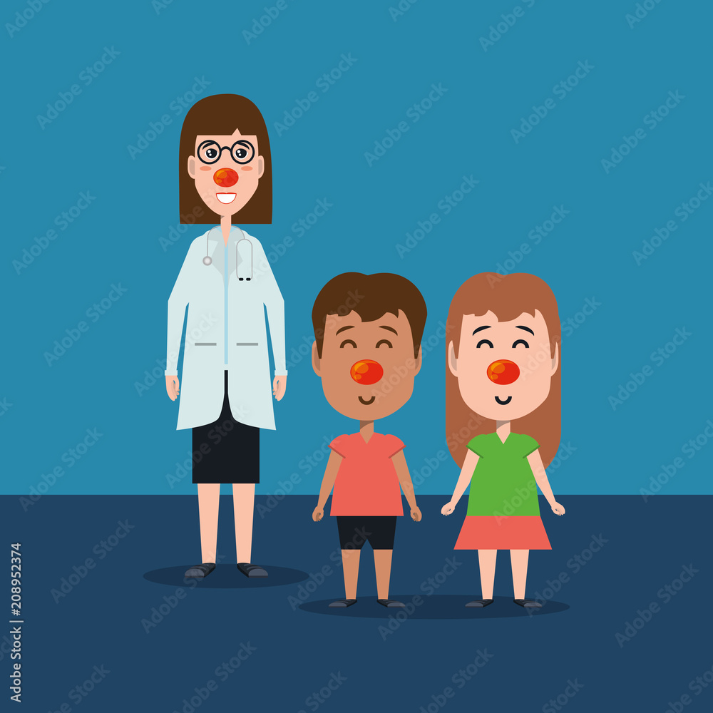 Fototapeta premium Cartoon woman doctor with happy kids with red noses over blue background, colorful design. vector illustration
