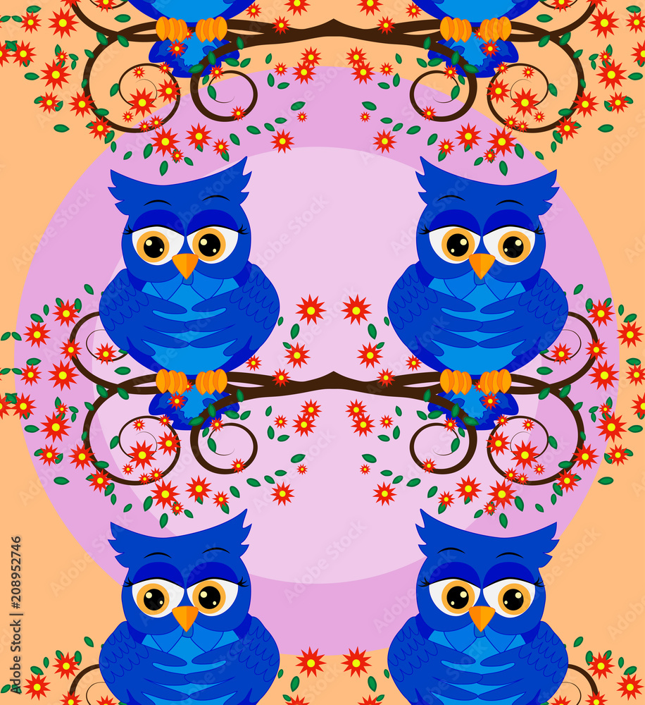 Cute seamless pattern with owls and stars in pastel colors. Vector illustration