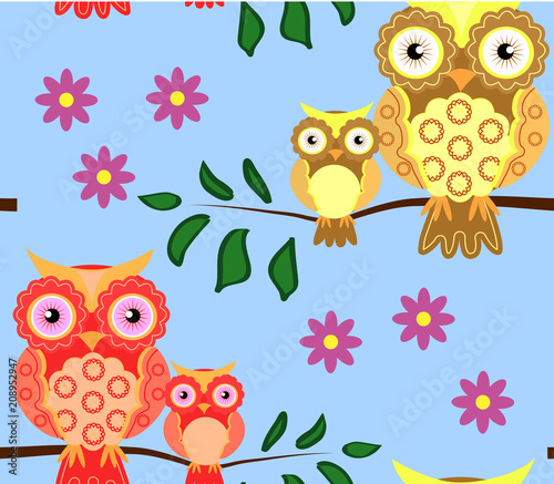 seamless pattern on the theme of family and nature. A family of owls sitting on a tree branch among flowers and butterflies.