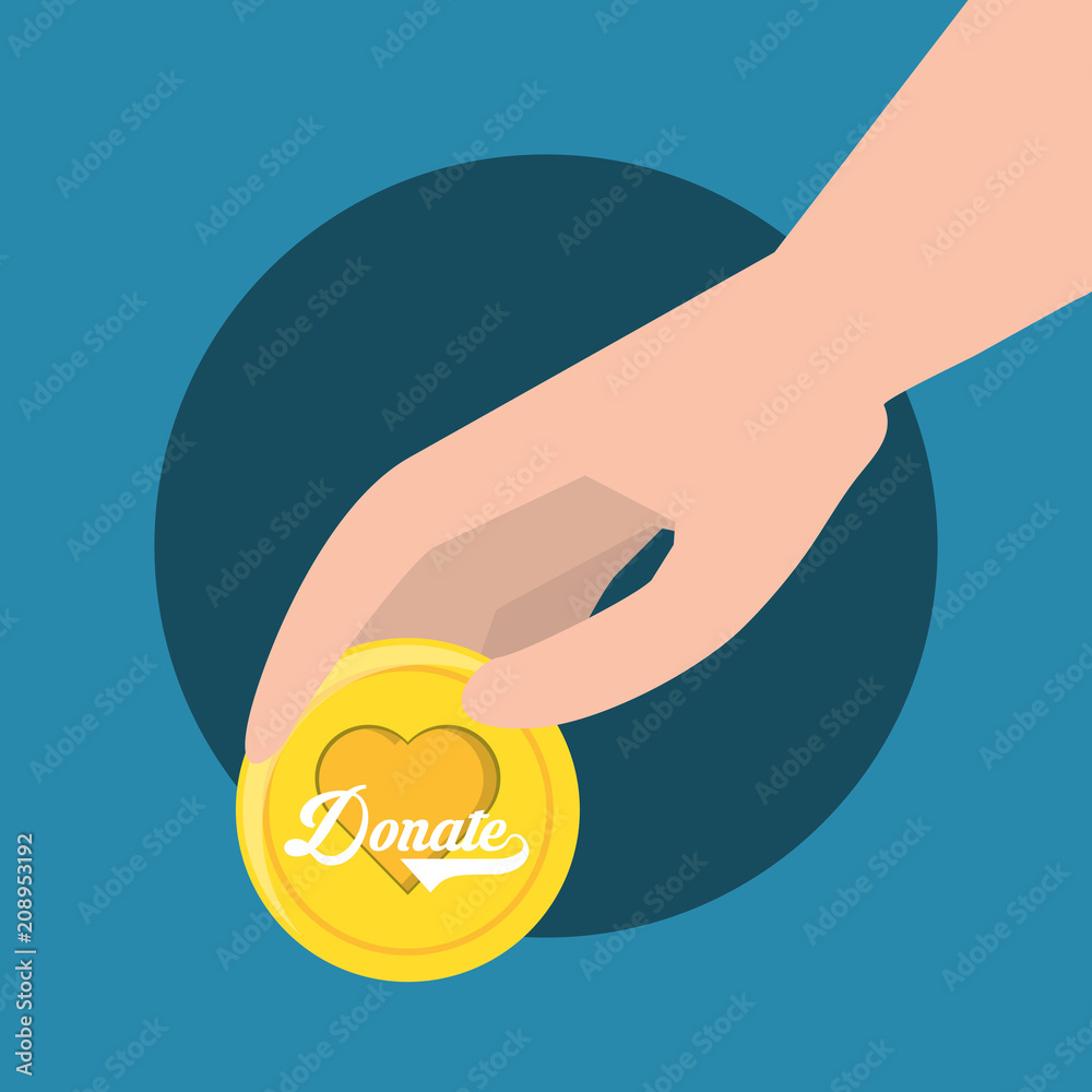 hand holding a donate coin icon over blue background, colorful design. vector illustration hand holding a donate coin icon over blue background, colorful design. vector illustration