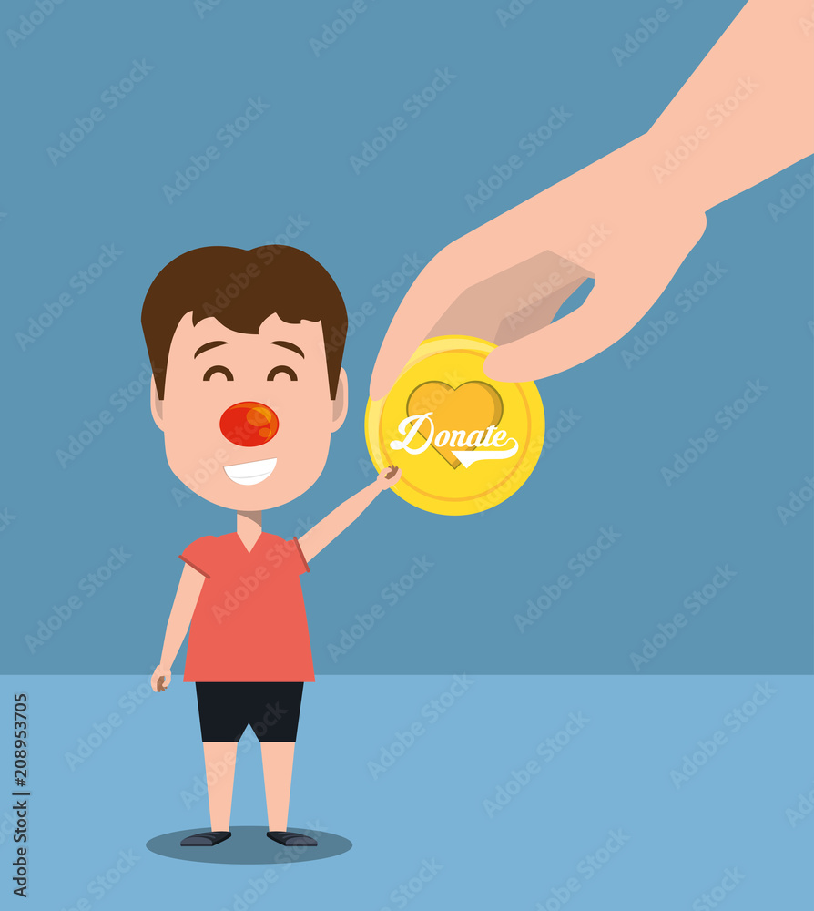 cartoon boy with donate coin over blue background, colorful design. vector illustration
