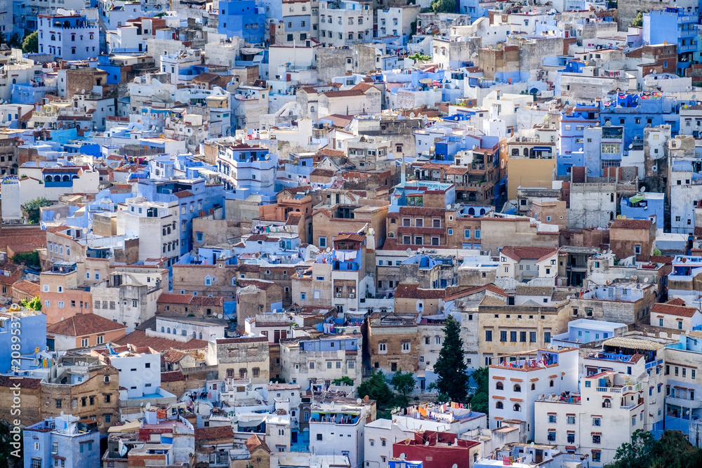 Landscape view of the of old historical medieval city Сhefchaouen in Morocco. Blue town