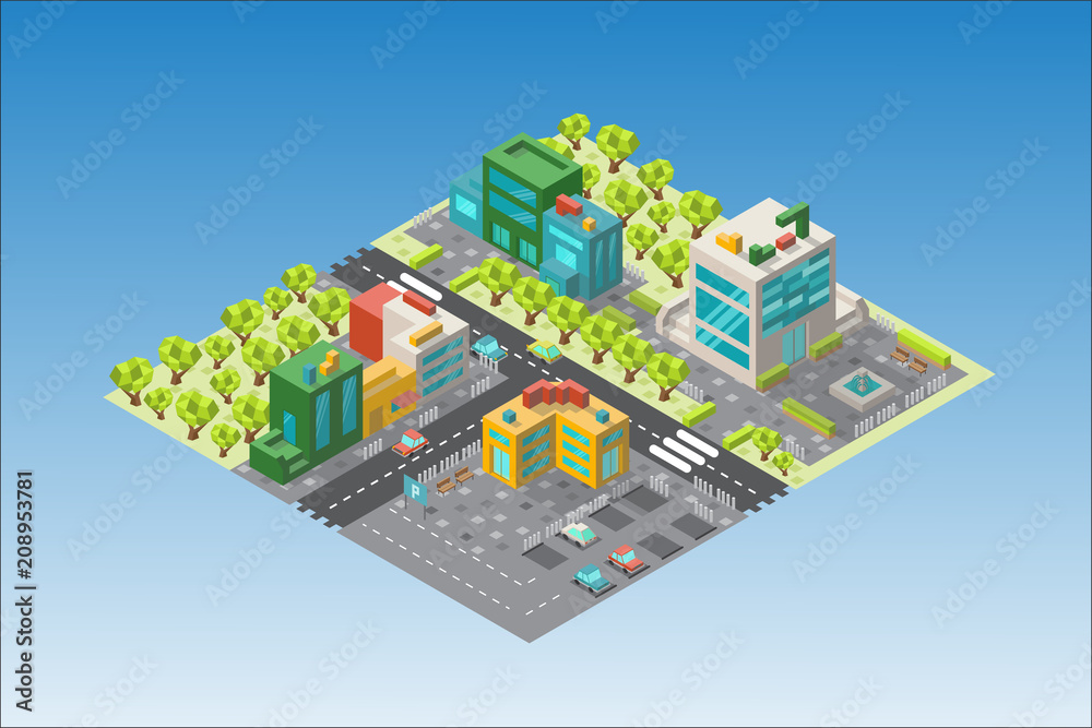 City map with buildings and trees in the isometric