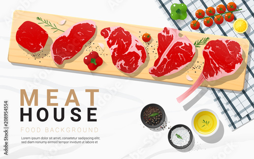 Raw beef steaks, tenderloin, strip loin, rib eye, t-bone and tomahawk with seasoning on wooden cutting board on marble stone background, vector, illustration