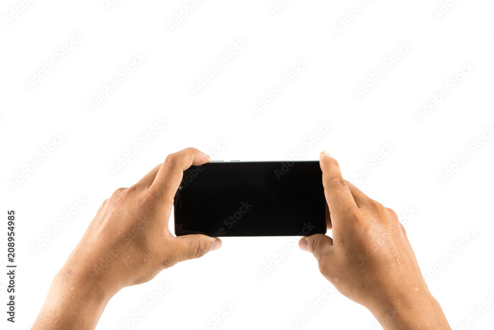 Hand holding mobile smart phone with blank screen. Isolated on white. Hand holding mobile smart phone with blank screen. Isolated on white.