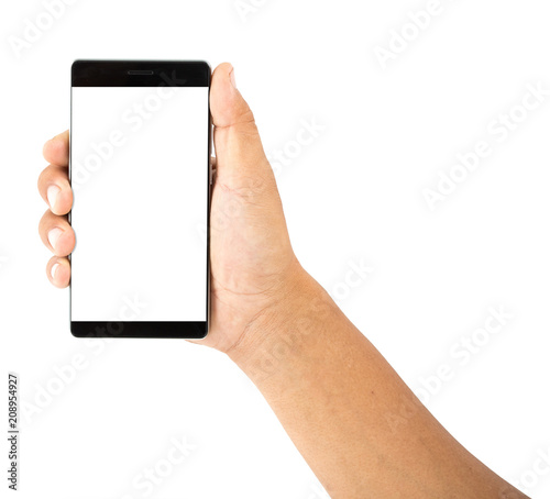 Hand holding mobile smart phone with blank screen. Isolated on white.