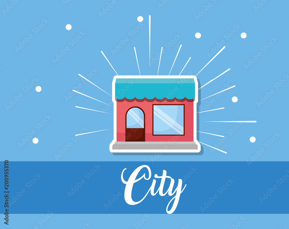 City design with store icon over blue background, colorful design. vector illustration
