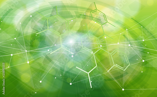 eco conceptual background - green bokeh and white structure in the form of waves from points connected by lines & triangles / illustration for eco friendly design & modern innovations / vector - eps10