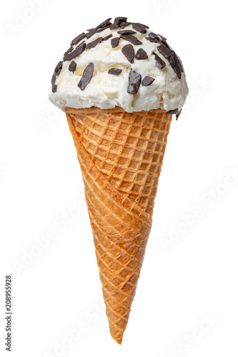 waffle cup with white scoop of ice cream and chocolate flakes isolated on white background, close up
