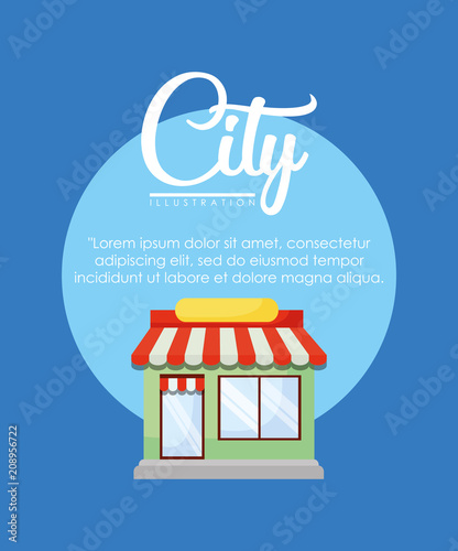 Infographic design of city elements with store icon over blue background, colorful design. vector illustration