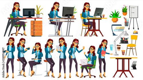 Office Worker Vector. Woman. Happy Clerk, Servant, Employee. Poses. Business Human. Face Emotions, Gestures. Secretary. Isolated Character Illustration