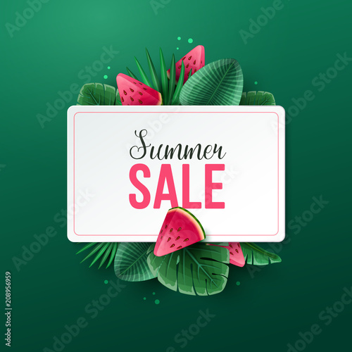 Summer sale background with tropical fruits and palm leaves. Vector illustration.