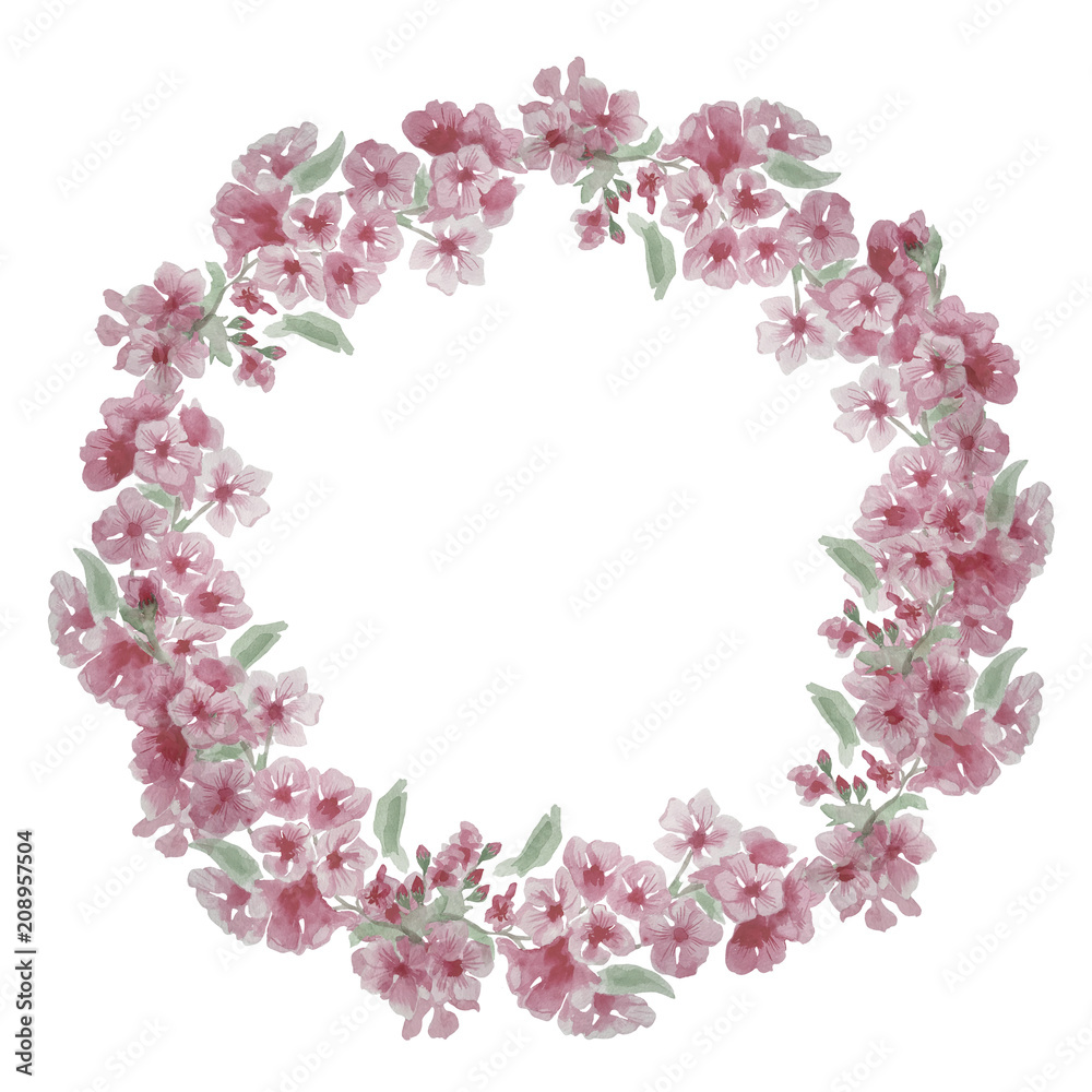 Watercolor cherry flower round wreath frame.