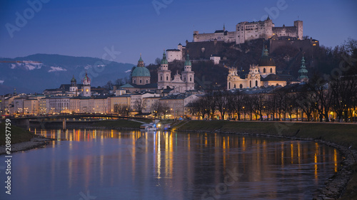 Beautiful twilight sunset view of Salzburg skyline with Festung Hohensalzburg and Salzach river, Salzburg, Austria