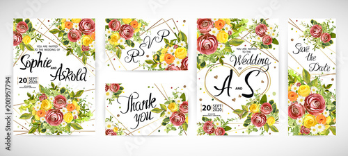 Wedding floral template invite. Vector illustration