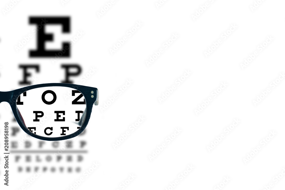 Eyeglasses with blurred optician visual text chart on a white background. Blank or empty space for your message - obrazy, fototapety, plakaty 