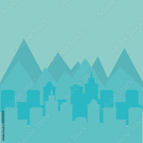 landscape of city urban design with mountains  colorful design. vector illustration