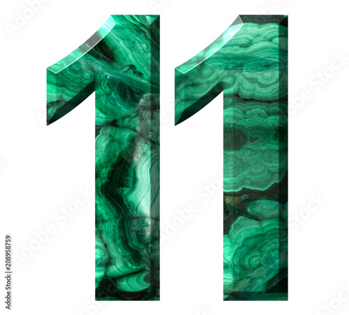 Arabic numeral 11, eleven, from natural green malachite, isolated on white background photo