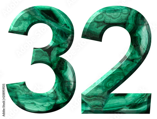 Arabic numeral 32, thirty two, from natural green malachite, isolated on white background photo